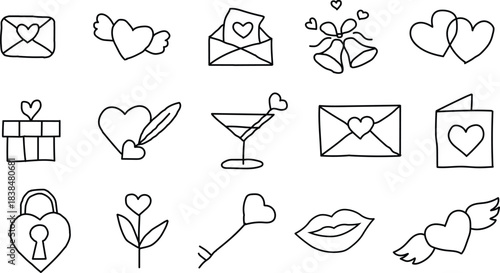 Love and Romance Icons Set Keywords: love, romance, heart, envelope, wings, bells, gift, feather