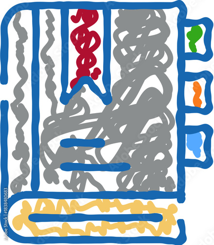 Book with multiple bookmarks and abstract text