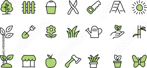 Garden and Nature Icons Set Keywords: garden, nature, tree, fence, bucket, scissors, saw, ladder