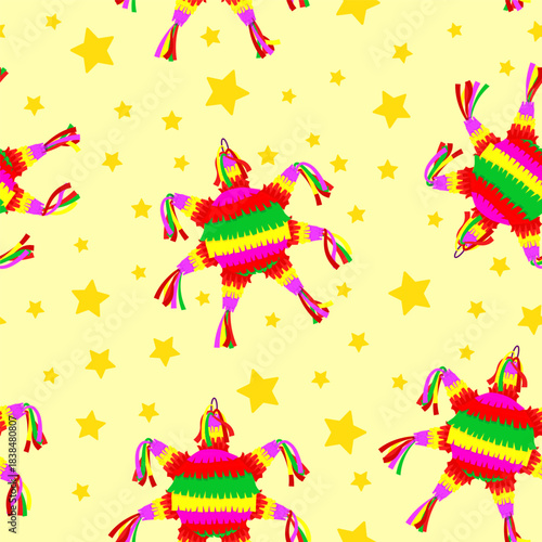 Colorful Mexican traditional piñata star with stars for the Posada festival seamless pattern