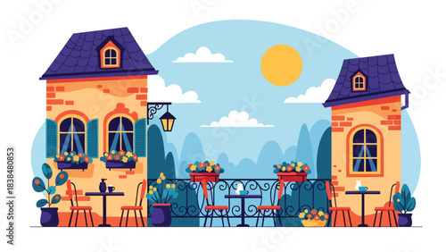 Flat illustration of a cozy village café with outdoor seating, flowers, and bicycles. Ideal for lifestyle, travel, and charming European countryside themes