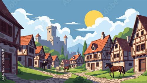 Flat illustration of a medieval European village with castle tower, stone houses, and horses. Ideal for culture, history, and rural travel themes