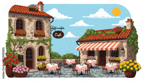 Flat illustration of a cozy village café with outdoor seating, flowers, and bicycles. Ideal for lifestyle, travel, and charming European countryside themes