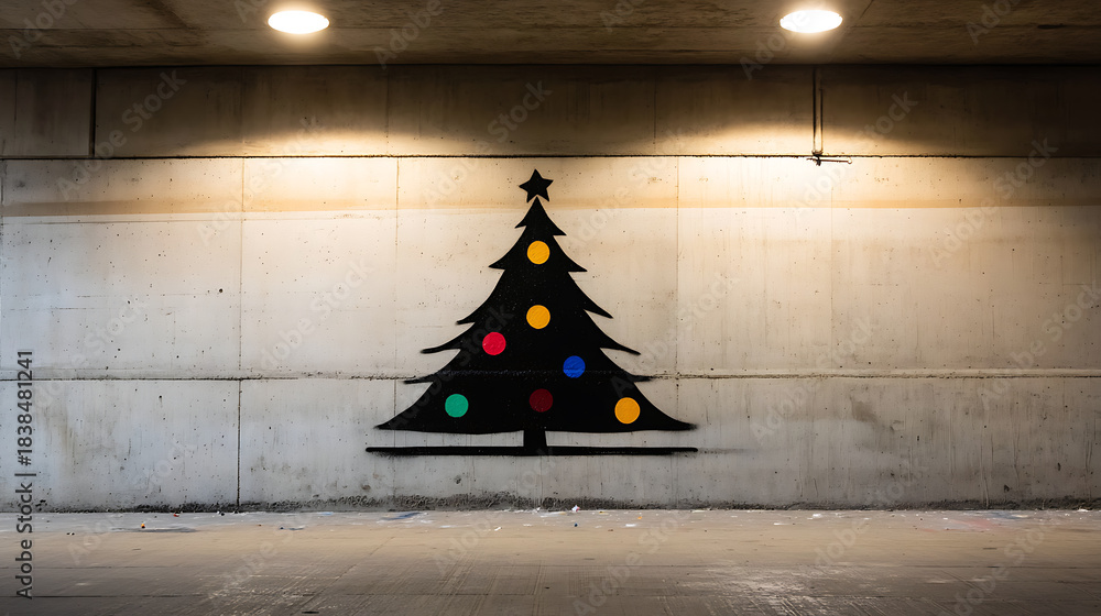 Fototapeta premium Holiday cheer meets urban grit in a bold graffiti art piece. A Christmas tree with colorful ornaments adorns a concrete wall, illuminated by overhead lights, blending festive spirit with street style.