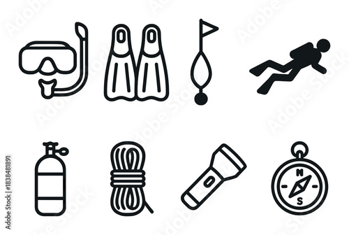 Diving gear icons: snorkel, fins, buoy, diver, tank, rope, flashlight, compass