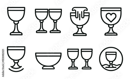 Stylized icon set of drinking goblets with unique designs on dark background