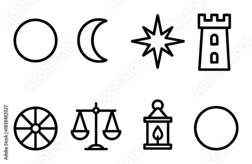 Set of medieval icons with sun, moon, star, tower, scale, lantern, and wheel on olive background