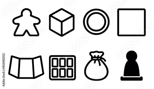 Collection of board game icons including cube, circle, meeple, and map