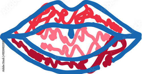 Abstract lips drawing with blue outline and red scribbles