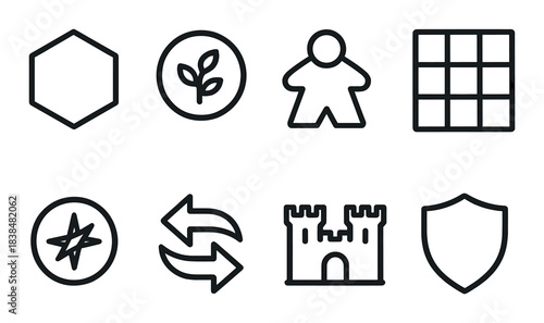 Dark themed icons set: hexagon, leaf, person, grid, compass, arrows, castle, shield