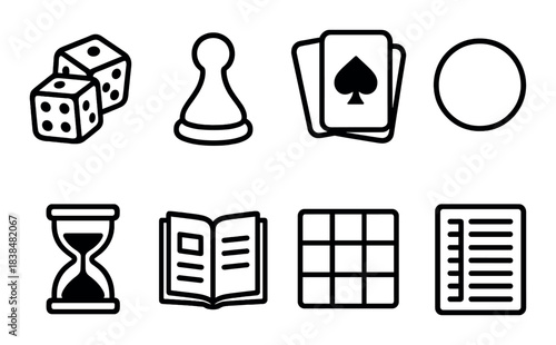 Icon set featuring game dice, chess piece, cards, and puzzle elements on black background