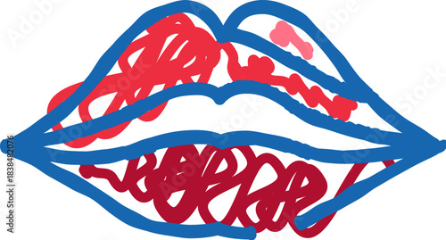 Abstract lips drawing with red and blue scribbles