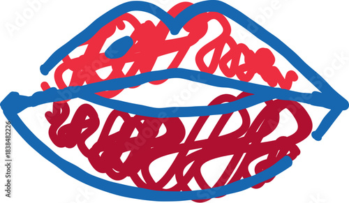Abstract lips drawing with red and blue scribbles