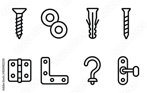 Assorted hardware icons: screws, washers, anchors, hinges, l-brackets, hooks