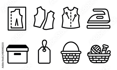 Sewing icons: patterns, iron, storage box, labels, baskets, yarn