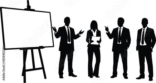 Business team silhouettes presenting ideas with blank board, office briefing, professional discussion, corporate communication, teamwork and leadership scene