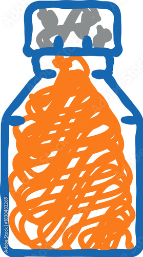 Bottle capturing tangled red thread abstract drawing