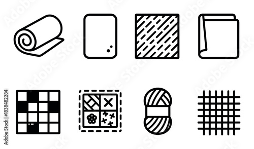 Variety of fabric icons: roll, swatch, textures, quilt, yarn, grid
