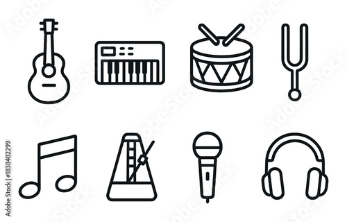 Icons of musical instruments and equipment on dark background