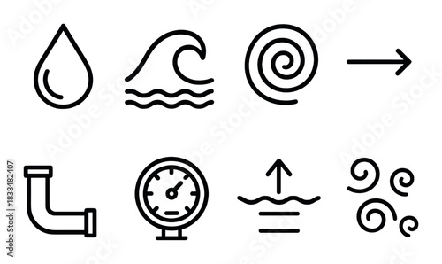 Monochrome weather and water icons: waves, wind, pressure, temperature, flow