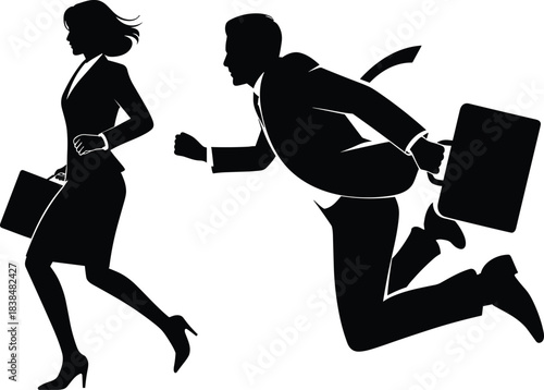 Silhouette business man chasing woman running with briefcases, competitive office concept symbolizing urgency, ambition, pursuit and workplace pressure