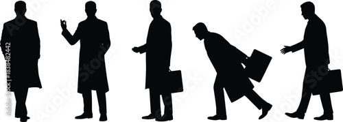 Silhouette business men walking, standing, and carrying briefcases, professional corporate figures for commercial design, presentations, and branding use