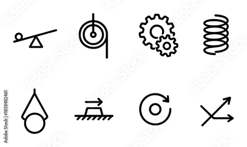 Collection of mechanical symbols: lever, pulley, gear, spring, pendulum, inclined plane, rotation, vector