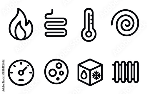 Set of dark hvac icons: fire, coil, thermometer, spiral, gauge, bubbles, ice cube, radiator