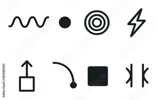 Abstract black icons on dark background with geometric and symbolic designs