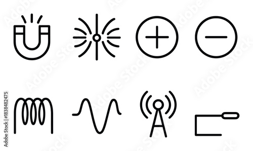 Minimalist black icons of magnetism and electronics concepts on dark gradient