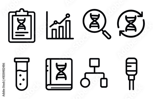 Genetic research icons set featuring dna and data analysis elements