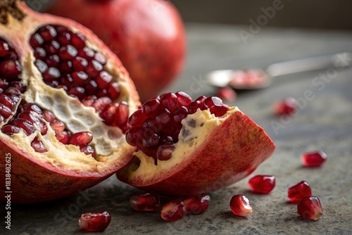 Gourmet Pomegranate Close-Up – Juicy Seeds, Creamy Membrane, Burgundy Texture on Rose Fabric