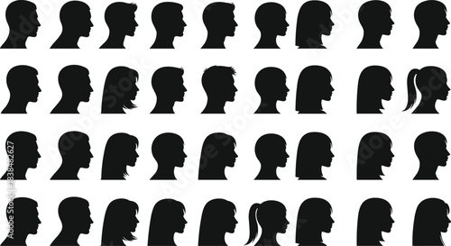 Silhouette collection of diverse male and female head profiles, various hairstyles and face shapes for design, illustration and identity concepts