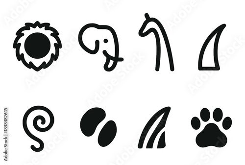 Minimalist animal icons on dark background: lion, elephant, giraffe, shark, snake, print, fin, paw