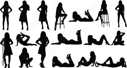 Silhouette women posing in diverse elegant positions, fashion figure collection, artistic female outlines for creative design and commercial use