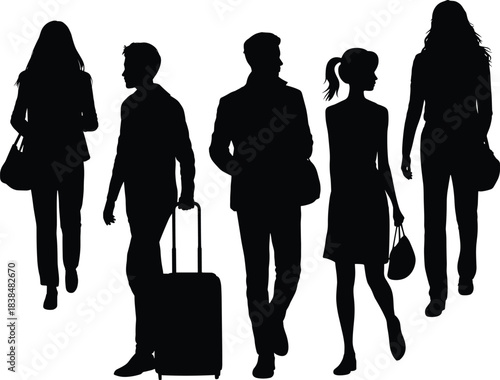 Silhouette travelers walking with luggage and bags, diverse people commuting, journey movement scene for travel lifestyle illustration design