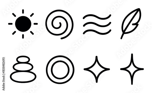 Minimalist black icon set: sun, spiral, waves, feather, stones, circles, stars