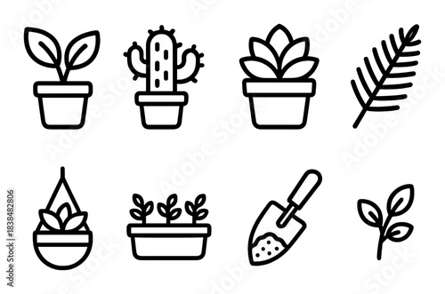 Minimalist plant icons collection: cactus, succulent, leaf, and gardening tools