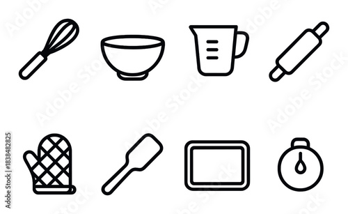 Kitchen utensils silhouette icons: whisk, bowl, measuring cup, rolling pin, oven mitt, spatula, baking tray, timer