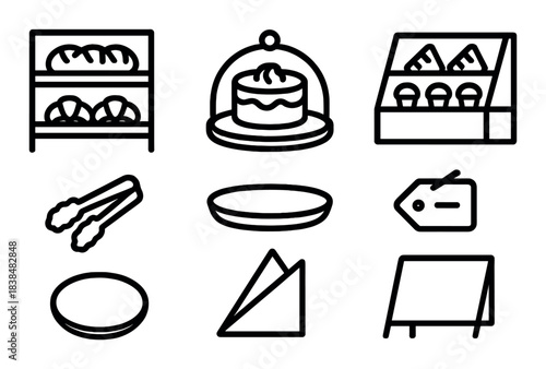 Bakery icons of bread, cake, pastry display, tongs, plate, tag, napkin, menu board