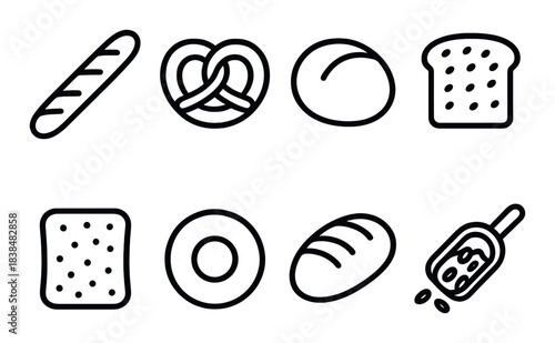 Set of black line art bakery icons featuring bread, pretzel, bagel, toast, baguette, and more