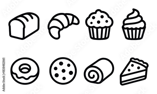 Variety of bakery icon set on dark background