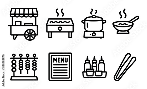 Food icons on dark background featuring grill, menu, food cart, and condiments