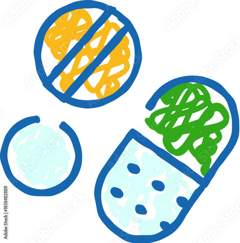 Hand drawn colorful pills and capsules illustration