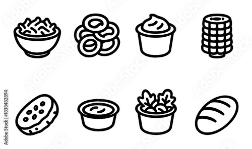 Outline icons of various foods including rice, onion rings, sauce, and bread