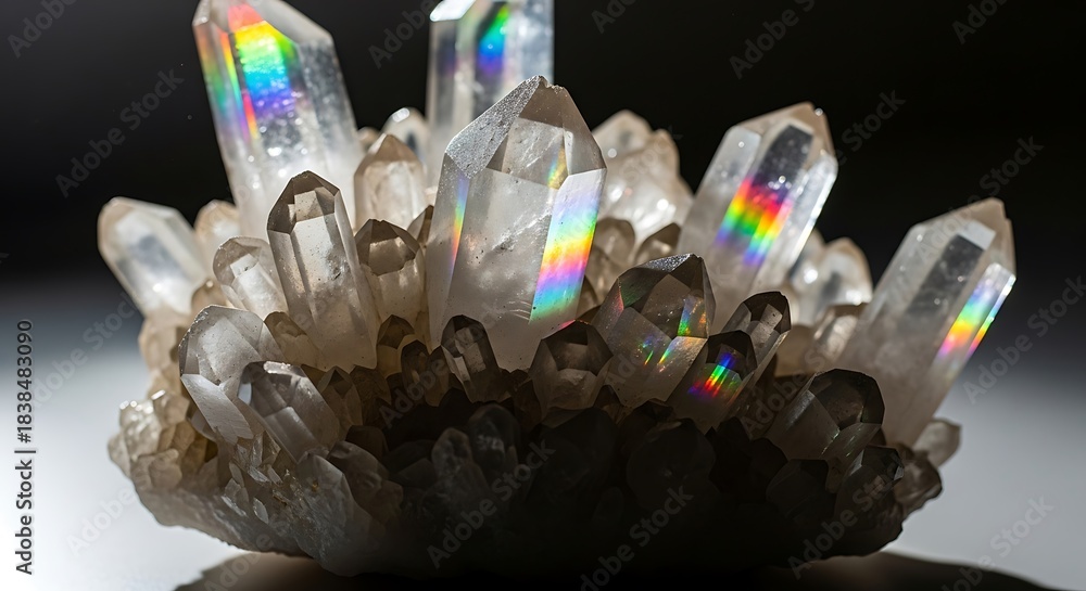 Obraz premium Radiant natural quartz crystal cluster displaying vivid rainbow light refractions, highlighting its purity and captivating geological formation