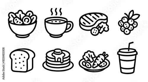 Assorted food icons: salad, soup, sandwich, grapes, bread, pancakes, veggies, drink