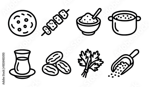 Icons of traditional middle eastern food and drink items on black background
