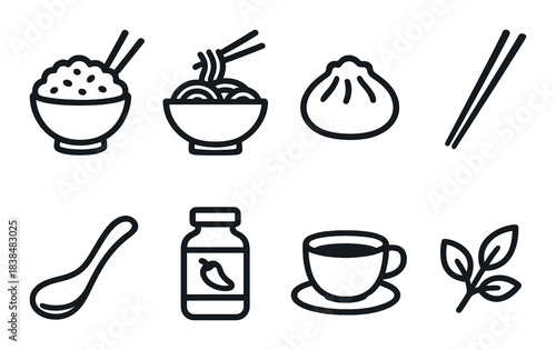 Asian cuisine icons: rice, noodles, dumplings, tea, chopsticks, spoon, bottle, leaf