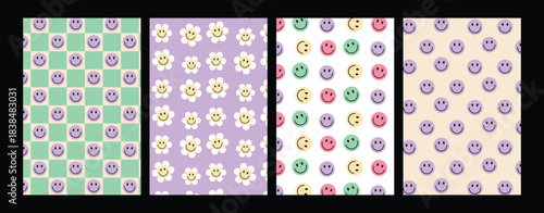 Groovy smiling emoji background. Retro 60s 70s flowers and emoji wallpaper. Y2K aesthetic.